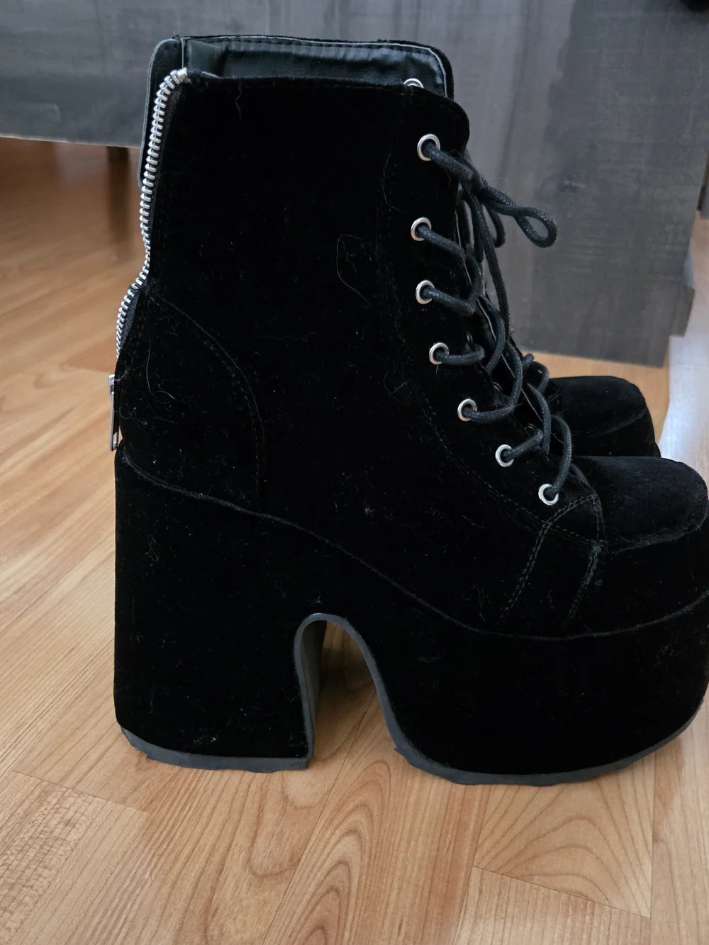 DEMONIA - Camel 203 - Black Velvet Boots - Picture 2 of 9